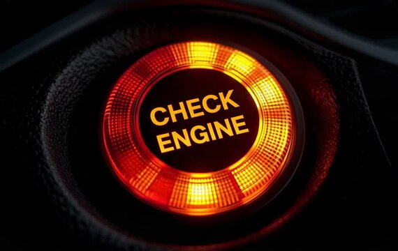 Close Up View of Illuminated Glowing Orange Check Engine Light Symbol on Car Dashboard