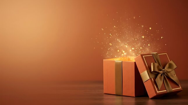 An exquisitely rendered image depicts a luxuriously presented open gift box radiating a warm inviting glow and suggesting a magical delightful surprise within its depths