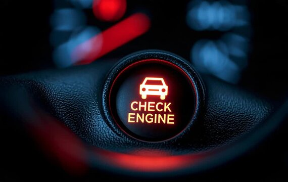 Close Up View of Illuminated Glowing Orange Check Engine Light Symbol on Car Dashboard