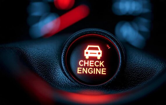 Close Up View of Illuminated Glowing Orange Check Engine Light Symbol on Car Dashboard