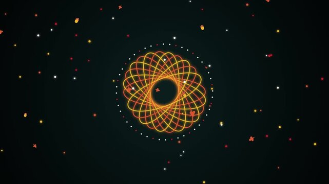 Hypnotic geometric mandala loop in vibrant golden and red lines with particles in dark background as an abstract motion design.