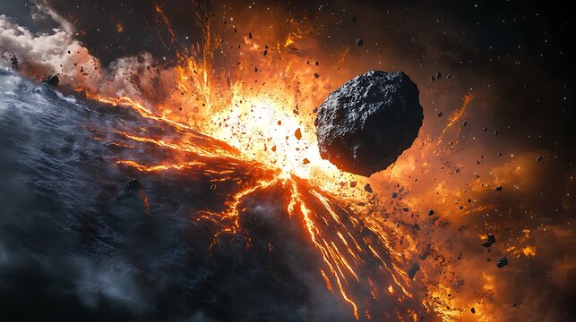 Massive asteroid impacting a planet surface with fiery explosion and debris