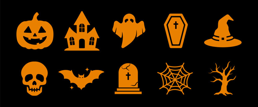 Halloween Icon Collection Orange Spooky Symbols Isolated