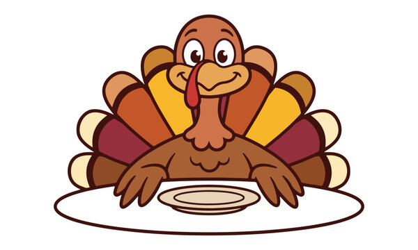 A cute cartoon turkey sitting at a table with an empty plate, waiting for Thanksgiving dinner