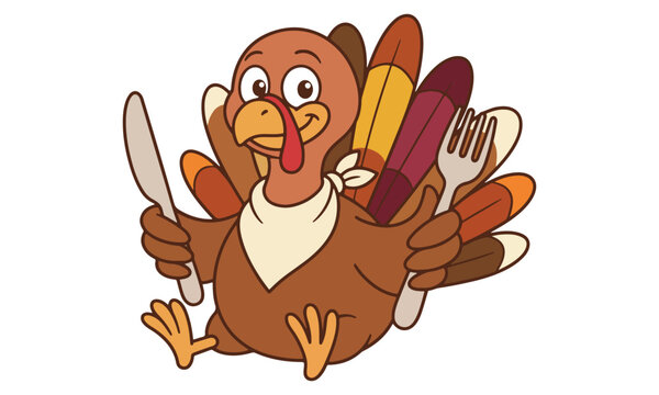 Funny cartoon turkey character wearing a napkin and holding cutlery, ready for a Thanksgiving dinner feast