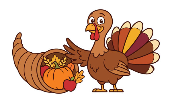 A cute cartoon turkey standing next to a traditional cornucopia filled with autumn harvest fruits and vegetables