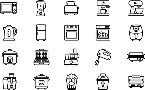 Kitchen Appliances Outline Icon Set for Cooking Culinary and Home Appliance Design