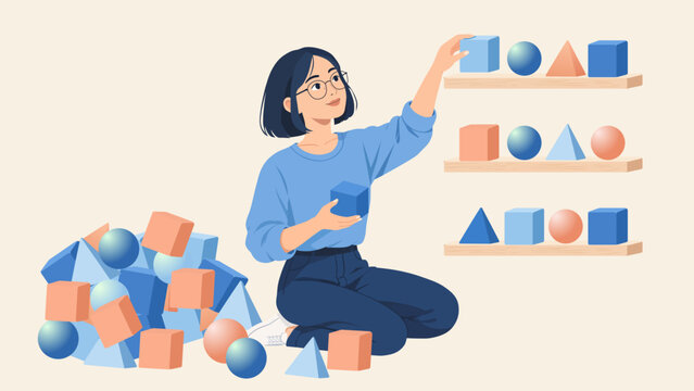 Task organization concept. Woman sorting geometric shapes onto floating shelves. Minimalist flat vector illustration