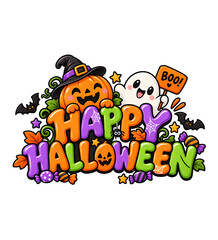 Fototapeta premium Happy Halloween Cute Pumpkin and Friendly Ghost Typography PNG