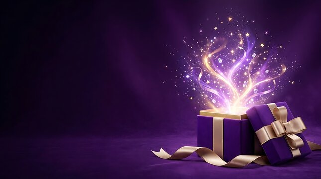 An exquisitely crafted open gift box emits a radiant magical glow revealing a breathtaking explosion of shimmering light and luxurious ethereal energy symbolizing wonder