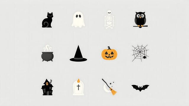 Collection of flat halloween featuring a black cat ghost skeleton owl cauldron witch hat pumpkin spider web haunted house tombstone broomstick and bat on a light gray background