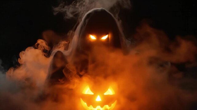 Spooky hooded phantom with glowing eyes and carved Halloween pumpkin in thick orange smoke