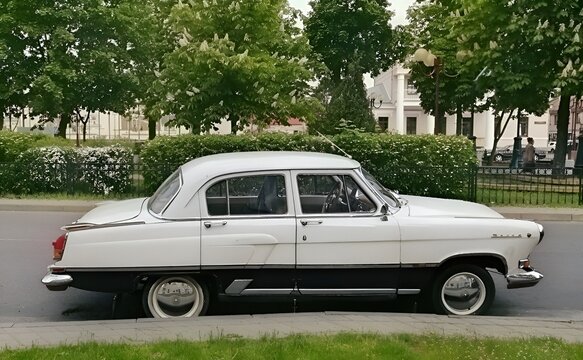 Vintage retro classic white car parked on an urban street side view