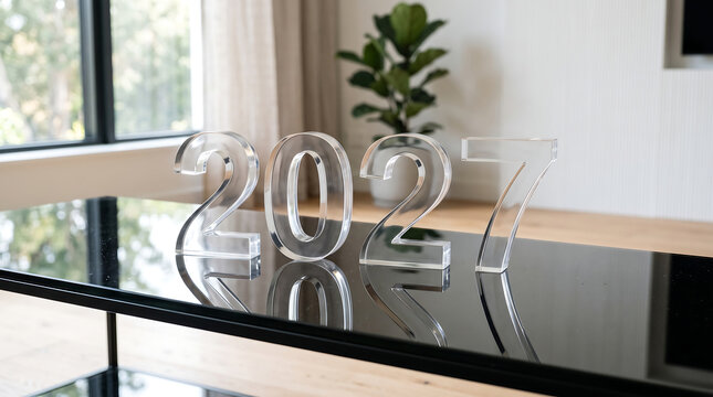 Clear acrylic numbers showing year two thousand twenty seven on shelf transparent background
