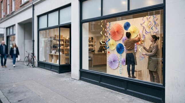 Staff build a spring window display for an indie shop