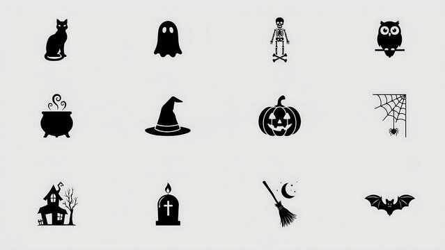 Set of twelve black silhouette for halloween featuring a cat ghost skeleton owl cauldron witch hat pumpkin spider web haunted house tombstone broomstick and bat on a light gray background
