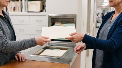 Obraz premium Care coordinators complete a secure folder handoff