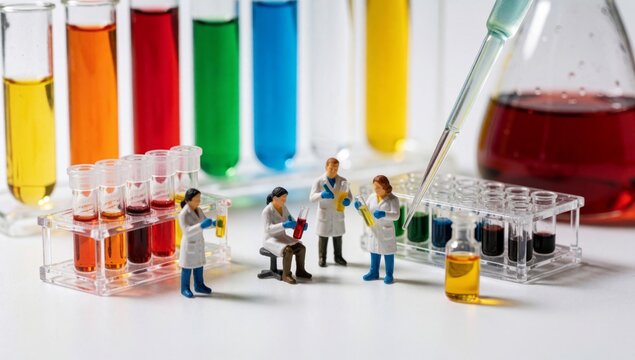 Group miniature figurines scientists working laboratory there test tubes different colors red orange yellow gr