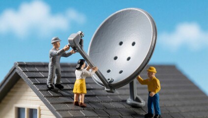 Miniature people working satellite dish roof house large round multiple holes center standing either side pers