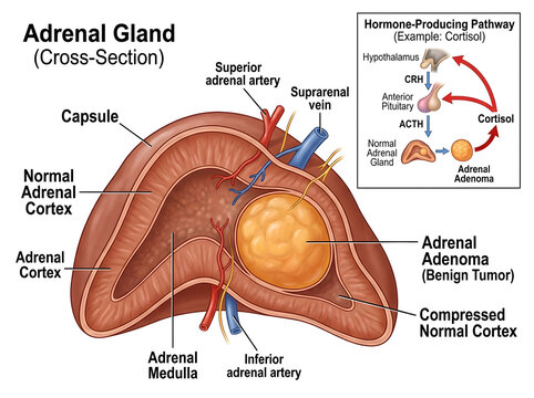 Adrenal gland cross-section with benign adenoma illustration isolated on white background