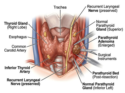 Anatomical illustration of thyroid and parathyroid glands surgery isolated on white background