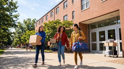 Fototapeta premium Roommates arrive at residence hall for autumn move-in