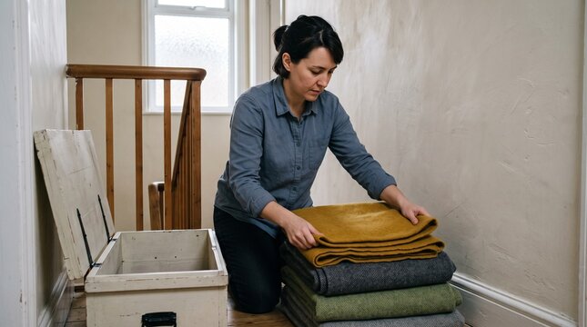 Housemate folds blankets on a quiet stair landing