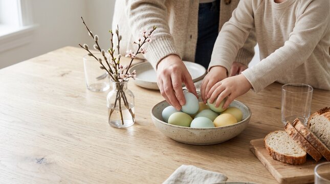 Family hands serve naturally dyed Easter eggs