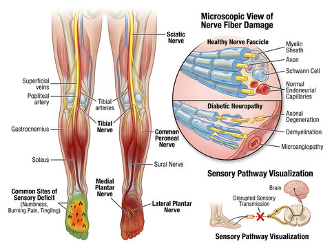 Diabetic neuropathy nerve fiber damage illustration isolated on white background