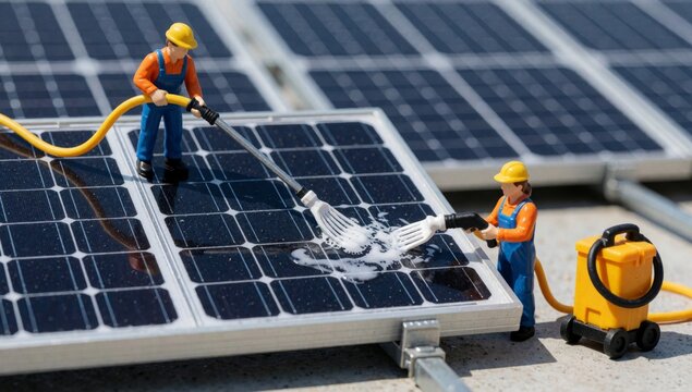Miniature workers wearing orange hard hats overalls standing top solar panel using yellow hose clean panels wo