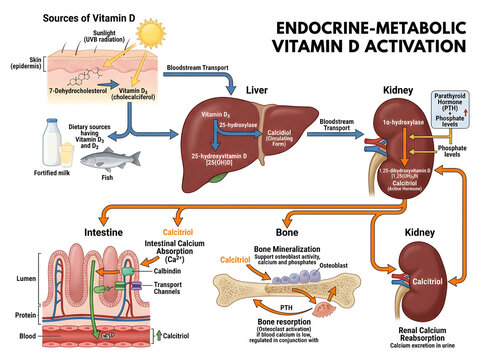 Endocrine metabolic vitamin d activation process diagram isolated on white background