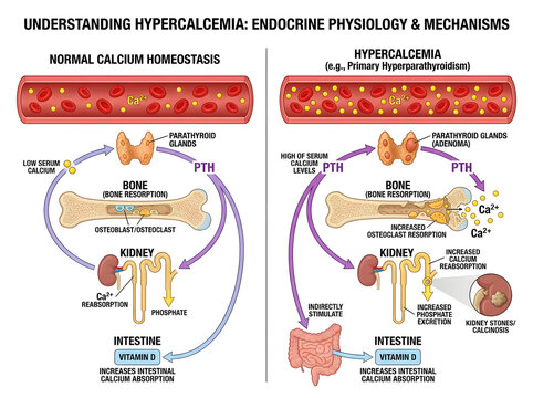 Hypercalcemia endocrine physiology comparison diagram isolated on white background