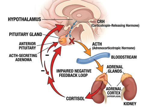 Hypothalamus pituitary adrenal axis hormone pathway diagram isolated on white background