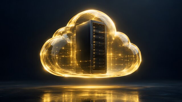 Server rack encased within a luminous cloud illuminated against a dark backdrop
