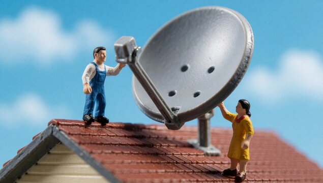 Miniature figurines man woman standing roof house wearing blue overalls holding large satellite dish which att
