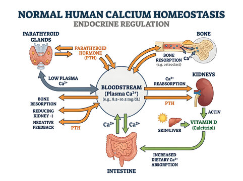 Normal human calcium homeostasis endocrine regulation diagram isolated on white background