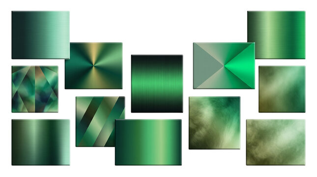 Green gradients showcasing diverse emerald and jade textures displayed as rectangular swatches against a transparent backdrop.
