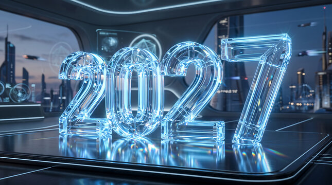 Futuristic digital display showing year two thousand twenty seven transparent background