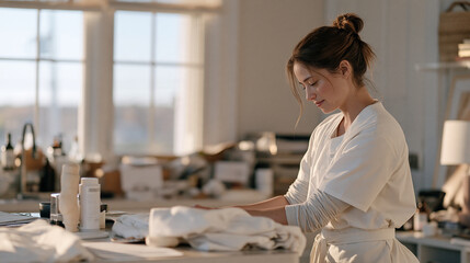 Fototapeta premium Massage therapist organizing a cluttered treatment room workspace with a physical prototype wellness prop model on the counter, a quiet rural window view beyond, the before and