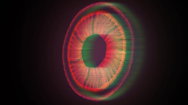Futuristic Glowing Digital Eye With Orange Iris Filaments On Black Background. Red Iris Formed By Intricate Filaments Around A Dark Pupil, With Green Light Trails, Artificial Vision. 