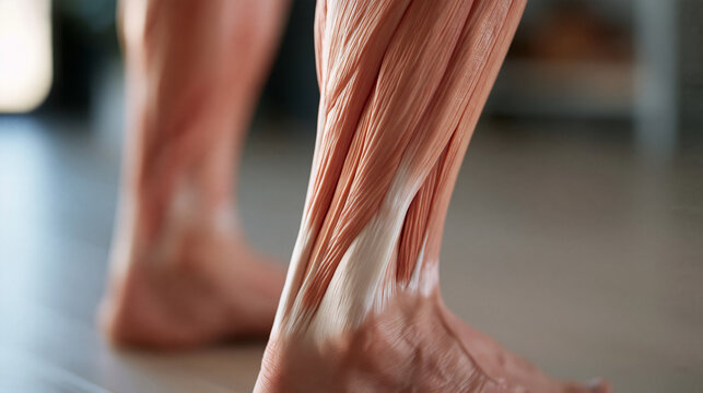 Close-up macro of human calf anatomy illustration showing gastrocnemius and soleus muscles highlighted in a medical diagram style, anatomical cross-section detail, sports medicine
