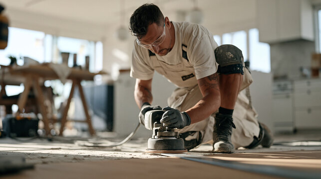 A Polish tradesman operating a floor sander to flatten a high-crowned subfloor joint in an open plan condo before glue-down hardwood installation with a straightedge used to