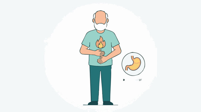 Man suffering from heartburn, stomach pain, and digestive issues illustration