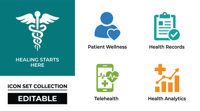 Healing starts here healthcare icon set for patient wellness and medical analytics design