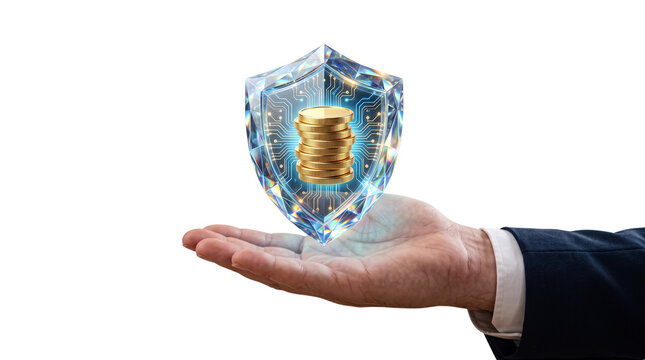 Protective shield holding a stack of glowing golden coins symbolizing financial security and asset protection.