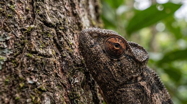 Chameleon blending with tree bark showing detailed skin texture and round eye.