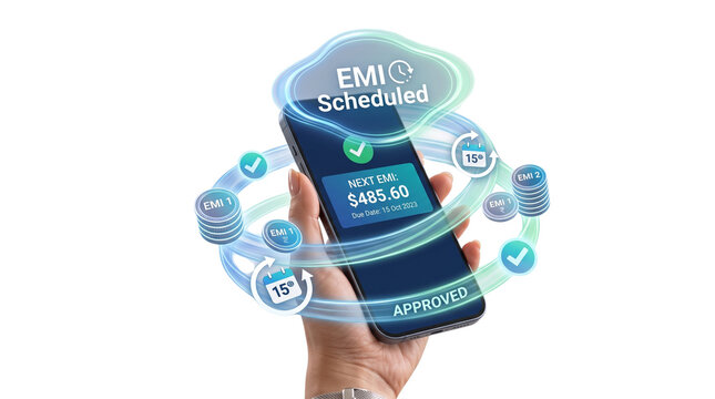 Mobile phone displaying scheduled EMI payments with holographic financial graphics and calendar reminders.