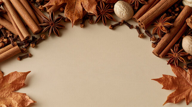 Rustic greeting card design celebrating national pumpkin spice day with illustrated cinnamon sticks, cloves, star anise, nutmeg, and autumn maple leaves arranged as a symmetrical