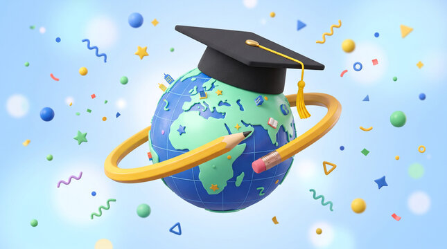 3d illustration of a globe wearing a graduation cap with a pencil orbiting around it, representing global education and academic success