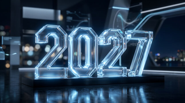 Futuristic illuminated year two thousand twenty seven display on reflective surface transparent background